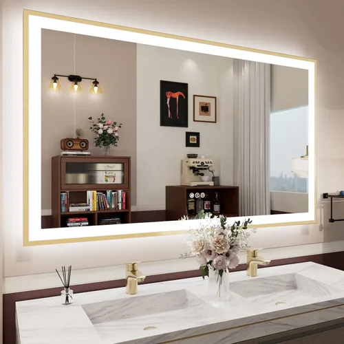 Miniatura 81 de Espejo de baño LED de 60x36 pulgadas con marco negro, espejos de baño retroiluminados y con luz frontal para pared, antiempañamiento, regulable