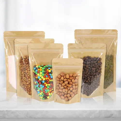Miniatura 6 de 100 PCS bolsas resellables, bolsas de papel kraft de pie con ventana frontal transparente, bolsas de almacenamiento de alimentos con cierre