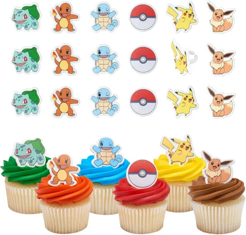 DecoPac Anillos Pokémon, decoraciones de cupcakes con Pikachu, Bulbasaur, Eevee, Charmander, Squirtle y Poké Ball, adornos multicolores seguros para