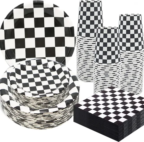 100 piezas de suministros de fiesta de autos de carreras a cuadros negros y blancos, platos de cena y postre de 9 y 7 pulgadas, servilletas, tazas