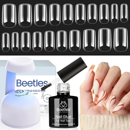 Miniatura 10 de Beetles Puntas de uñas de gel, set de extensión de uñas suaves 504 piezas, 12 tamaños, puntas de uñas cortas de almendra transparentes pre-dadas