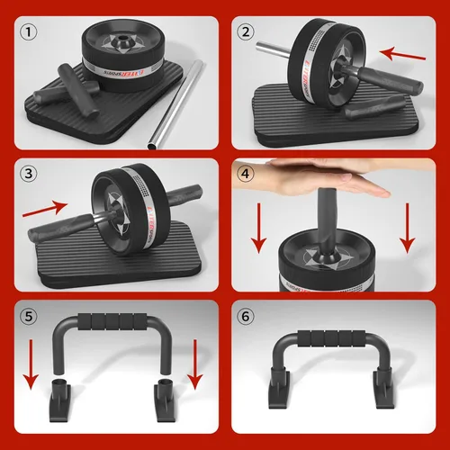 Miniatura 7 de EnterSports Kit de ruedas para abdominales, rueda de ejercicio para entrenamiento de fuerza abdominal con barras para flexiones, bandas de Negro