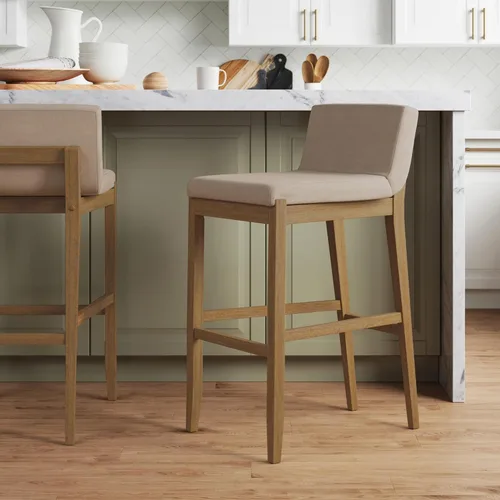 Miniatura 35 de Nathan James - Gracie - Moderno taburete alto con respaldo, silla alta tapizada con lino texturizado natural y patas de madera cepillada - Marrón