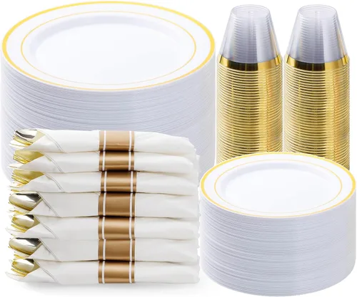 Miniatura 23 de BESTVIP - Juego de vajilla de plástico dorado transparente de 350 piezas para 50 invitados, plato desechable para fiestas de Navidad y Año Nuevo