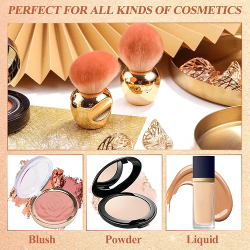 Miniatura 2 de Oneleaf Kabuki - Brochas de maquillaje sintéticas de alta calidad, para cuerpo plano, base de maquillaje Kabuki, juego de 2 piezas, dorado (redondo)