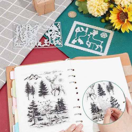 Miniatura 4 de INFUNLY Sellos y troqueles de bosque navideño para hacer tarjetas, sellos y troqueles de ciervo de Navidad, plantillas de ciervo para hacer