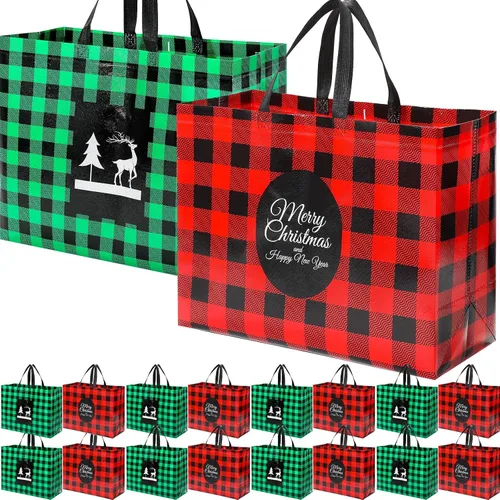 Miniatura 8 de Colarr 12 piezas bolsas de mano de Pascua extra grandes con asa, bolsa de regalo de primavera, no tejida, a cuadros búfalo, impermeable