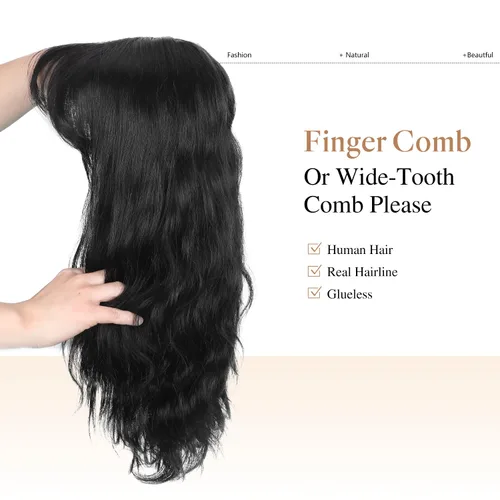 Miniatura 6 de Pelucas de cabello humano WIGER con onda natural con flequillo, línea de cabello mejorada, cabello ondulado suelto negro para mujeres, peluca