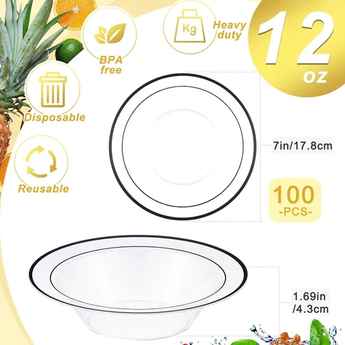 Miniatura 3 de Tanlade 100 cuencos de plástico con borde de 12 onzas, tazones desechables para sopa, elegantes para fiestas, postres, vajilla desechable