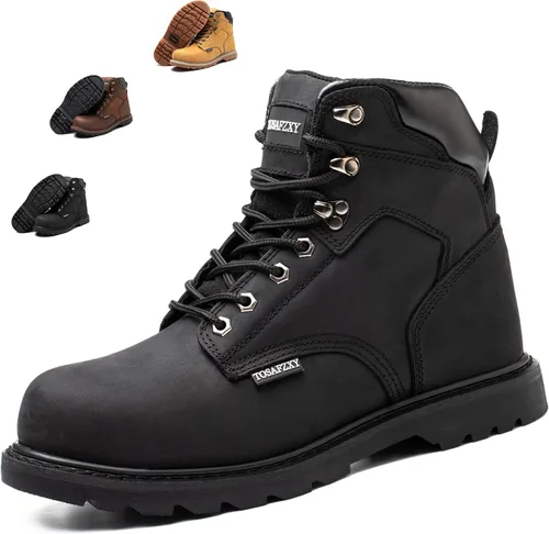 Miniatura 7 de Botas de seguridad laboral para hombre, de cuero Crazy-Horse duradero, con puntera de acero indestructible, impermeables y antideslizantes, mejor