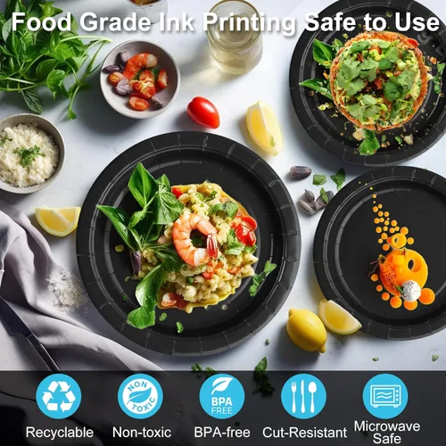 Miniatura 2 de Black Paper Party Plates Supplies 400GSM -100pcs - 50 x 10 Dinner Plates and 50 x 8 Dessert Plate,Suitable for Birthday,Family Negro