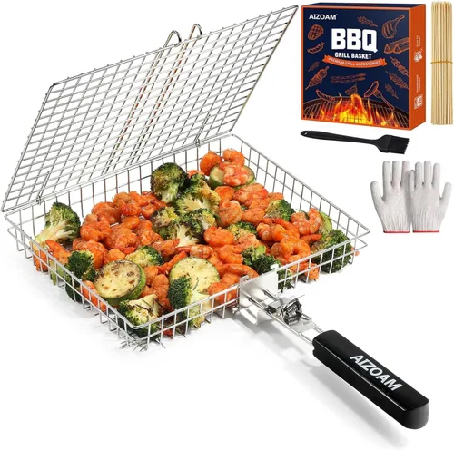 AIGMM herramienta de malla de acero inoxidable portátil, para asar a la parrilla pescado, vegetales, carne, camarones, costillitas, y mucho mas.