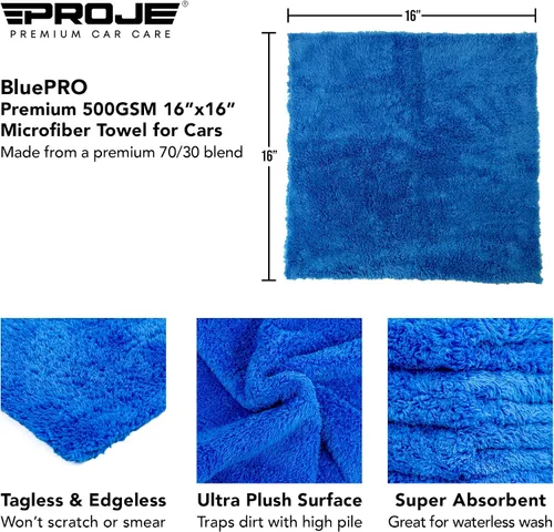 Miniatura 3 de PROJE' Toalla de microfibra azul – Ultra absorbente – Secado de coche, pulido, paño de pulido y toalla para detalles de interiores – 500 GSM 16 x 16