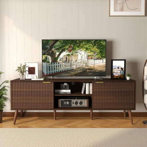 Soporte de TV para sala de estar de hasta 55/60/65/70 pulgadas, consolas de TV modernas de mediados de siglo con toma de corriente, centro de