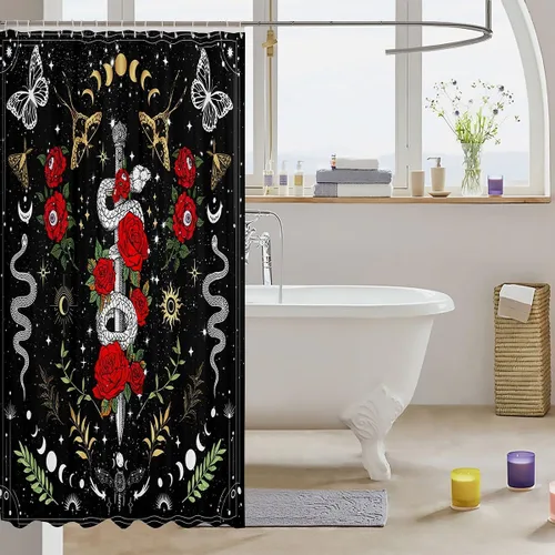 Miniatura 3 de Castle Fairy Cortinas de ducha exóticas de serpiente salvaje, cortina de baño bohemia con sol y luna, juego de decoración de baño romántica rosa