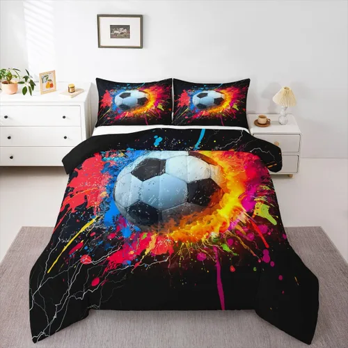 Juego de edredón de fútbol de tamaño completo para niños varones, juego de ropa de cama deportiva de fútbol para adolescentes, colorido, grunge,