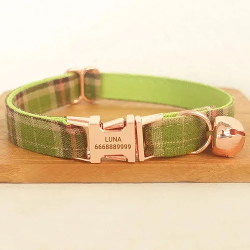 Miniatura 2 de PETDURO Collares de gato a cuadros personalizados hechos a mano con campana y hebilla de metal grabada con nombre personalizado para gatos lindos
