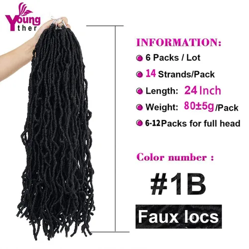 Miniatura 2 de Youngther Cabello sintético de ganchillo de 24 pulgadas, 6 unidades, 84 soportes, extensibles, cabello de ganchillo suave de diosa, cabello 1b