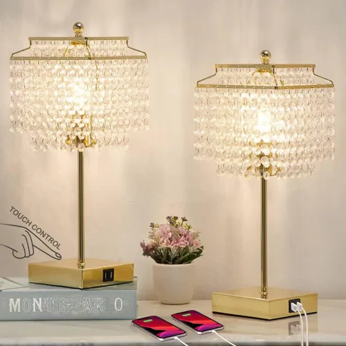 Miniatura 12 de Luvkczc Lámpara de Mesa de Cristal con Control Táctil Juego de 2, Lámpara de Mesa de Noche USB con Puertos USB C+A, Lámpara Regulable con Pantalla