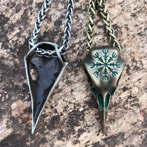 Miniatura 4 de NJ - Collar de calavera de cuervo vikingo, acero inoxidable, retro, peltre y cuervos, lanza nórdica, vikingo nórdico, runa nórdica, colgante gótico