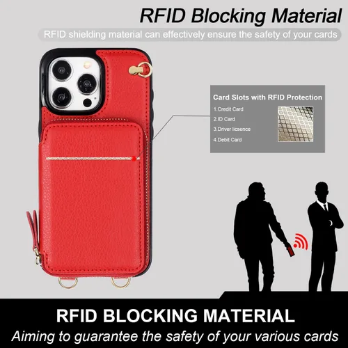 Miniatura 4 de Bocasal Funda tipo cartera cruzada para iPhone 15 Pro Max, funda de piel con bloqueo RFID y soporte para tarjetas, funda protectora con cremallera