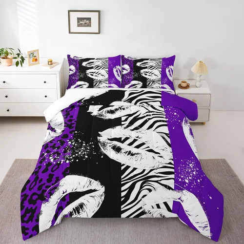 Miniatura 16 de Juego de edredón Manfei Leopardo Rosa Tamaño Individual, Juego de ropa de cama con estampado de cebra negro y blanco 2 piezas para decoración