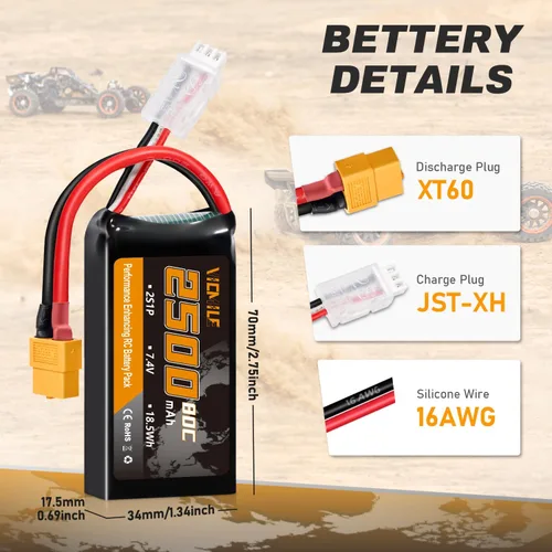 Miniatura 3 de Batería Lipo 2S 2500mAh 7.4V 80C Alta tasa de descarga Shorty Pack Baterías RC con enchufe XT60 Fit para RC Avión FPV Quadcopter Helicóptero Drone