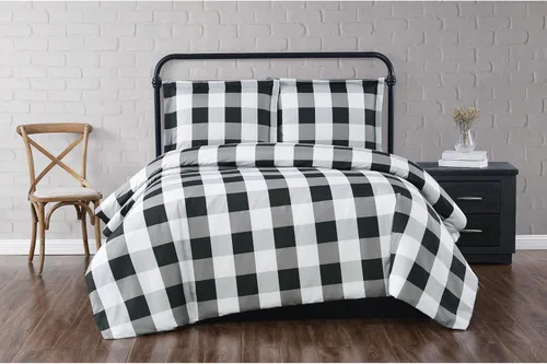 TRULY SOFT Everyday Buffalo - Juego de edredón de 2 piezas de poliéster negro a cuadros, tamaño individual XL, para hombres y mujeres, certificado