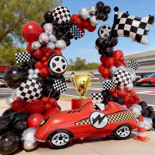 Miniatura 6 de Kit de arco de globos de auto de carreras, decoración de cumpleaños de coches de carreras, fiesta de cumpleaños, bandera roja, negra y plateada, kit