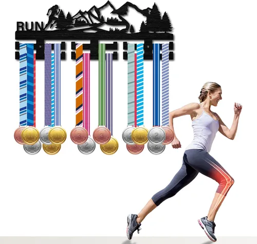 Miniatura 7 de CREATCABIN Soporte para medallas de carrera, soporte para medallas deportivas, estante de pared montado en la pared, más de 30 medallas, bosque