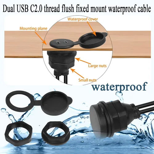Miniatura 4 de QIANRENON 2 USB C roscado montaje empotrado cable impermeable doble USB C 2.0 macho a hembra montaje en tablero de coche cable de extensión