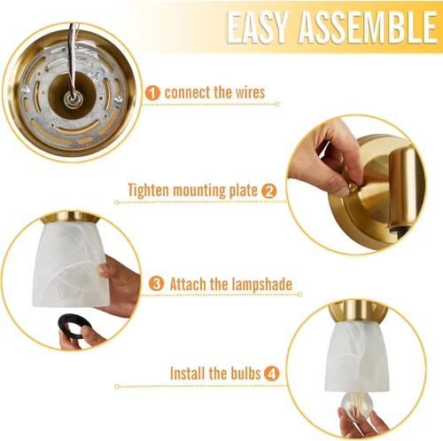 Miniatura 8 de EJIAXIN Juego de 2 apliques de pared, luces doradas de tocador para baño, accesorios de luz de pared modernos con interruptor giratorio, lámpara