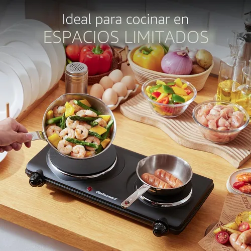 Miniatura 5 de Elite Gourmet EDB-302BF# Quemador doble de hierro fundido para encimera, placa caliente eléctrica de 1500 vatios, controles de temperatura, luces