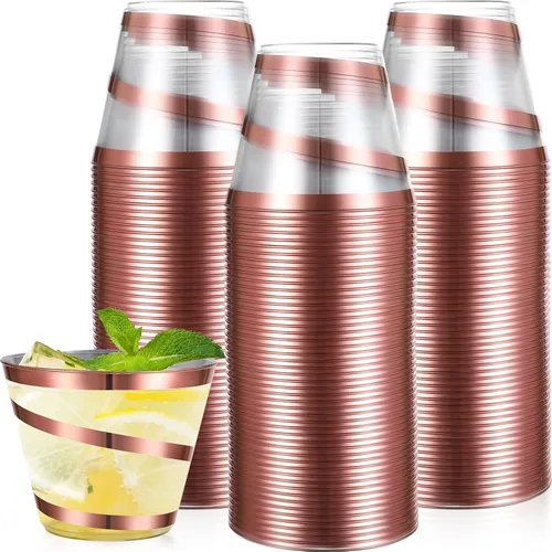 Gejoy Tazas de plástico con borde en espiral de 9 onzas desechables, tazas de vino de plástico elegantes y transparentes, elegantes jarras de Oro