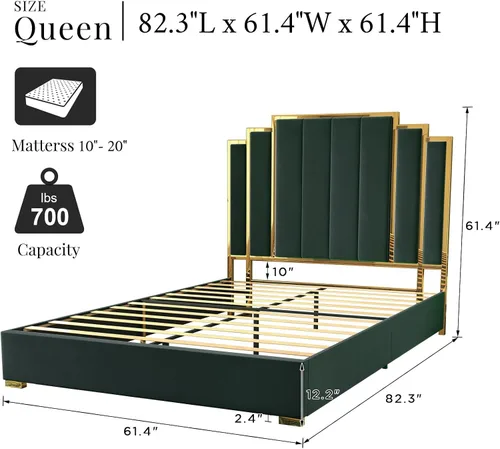 Miniatura 2 de Albott Marco de cama de plataforma tamaño Queen, cama tapizada de terciopelo de 61.4 pulgadas con cabecero de ribete dorado, listones de madera,