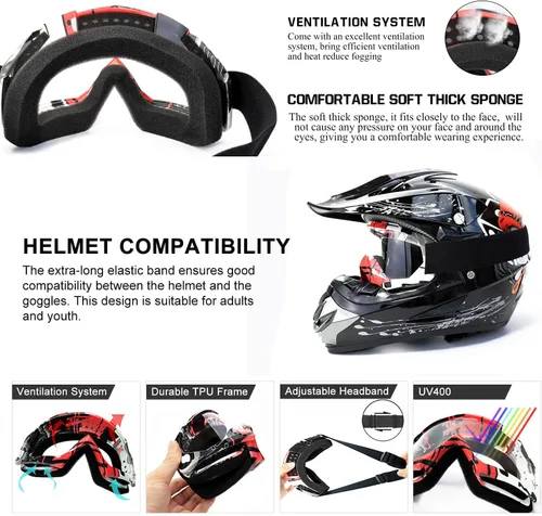 Miniatura 2 de FMY Gafas de motocross para hombres, mujeres y jóvenes, antiarañazos, a prueba de polvo, UV400 ATV Lente negro y rojo-transparente