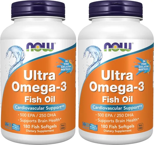 NOW Foods Suplementos, Ultra Omega-3,500 EPA y 250 DHA, apoyo cardiovascular*, cápsulas blandas de gelatina de 180 peces, (paquete de 2)