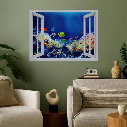 Miniatura 24 de wall26 Mural de pared extraíble – Hermosa pareja saltando delfines en el mar puesta de sol creativa vista de ventana decoración del hogar/decoración