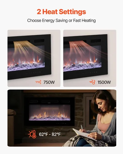Miniatura 4 de VEVOR Chimenea eléctrica de 42 pulgadas, chimenea empotrada en la pared con control remoto, temporizador, 1500 W, brillo de color de llama