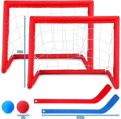 Miniatura 2 de Leyndo Juego de 2 juegos de mini hockey para niños, incluye 2 redes de hockey, 2 mini portería de hockey, 4 mini palos de hockey de plástico, 4 rojo
