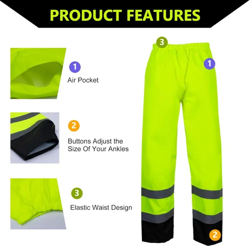Miniatura 6 de Traje de Lluvia de Alta Visibilidad Clase 3 con Capucha Plegable en Lima Reflectante, Chaqueta y Pantalones de Seguridad Impermeables