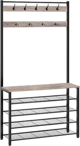 Miniatura 10 de HOOBRO Árbol de pasillo, perchero con zapatero, árbol de pasillo con banco, organizador de almacenamiento de zapatos de 5 niveles con 9 ganchos