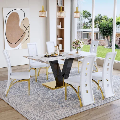Miniatura 10 de Juego de mesa de comedor de 71 pulgadas para 6, moderno juego de mesa de comedor para 6, mesa de comedor de mármol con 6 sillas de comedor de piel