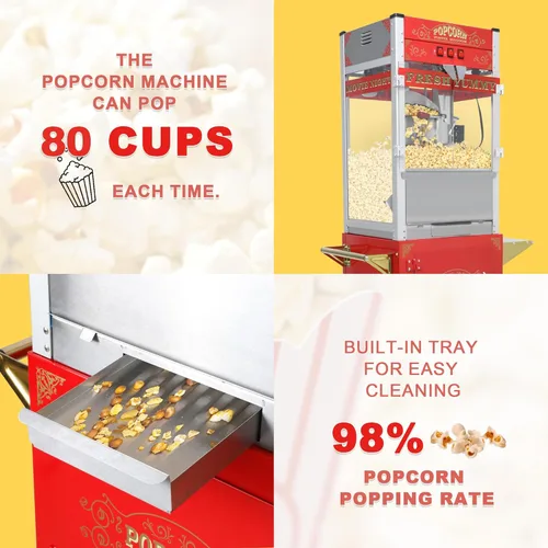 Miniatura 4 de Máquina comercial de palomitas de maíz con carrito y ruedas, máquina para hacer palomitas de maíz con hervidor de acero inoxidable de 22 onzas, Rojo