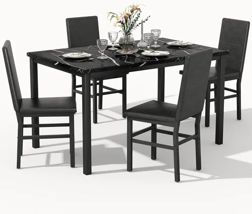 Juego de mesa de comedor para 4, juego de comedor de mármol sintético de 5 piezas, 4 sillas tapizadas de poliuretano, muebles de mesa de cocina