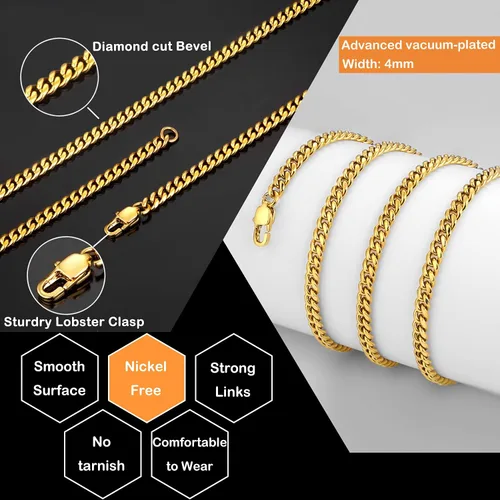 Miniatura 3 de Jewlpire Diamond Cut Miami Mens Cuban Link Chain Necklace, Gold Chain Silver Chain for Men Boys Women, Hip-Hop & Cool Style, 316L Stainless