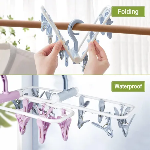 Miniatura 3 de Percha de secado de ropa con 12 clips, paquete de 2 estantes de secado plegables portátiles para colgar, estante plegable de goteo, gancho giratorio