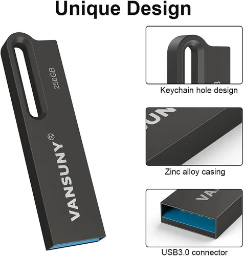 Miniatura 4 de Vansuny Unidad flash USB 3.0 de 256 GB, impermeable, memoria USB 3.0, memoria de ultra alta velocidad, unidad de pulgar portátil para 1Pack negro