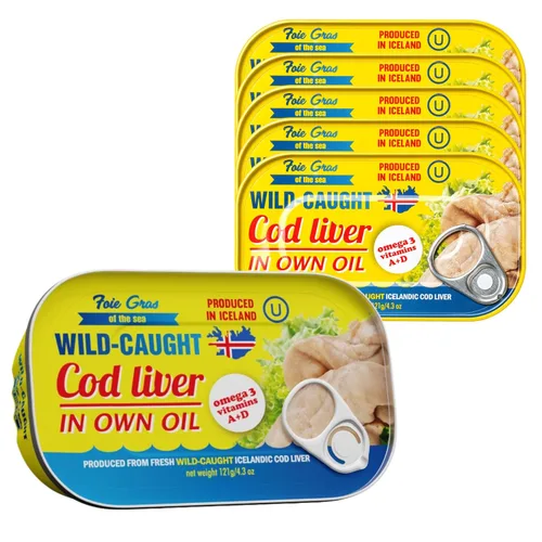 Foie Gras of the Sea Hígado de bacalao islandés – Hígado de bacalao enlatado capturado en la naturaleza en aceite propio, 4.3 onzas (paquete de 6) –