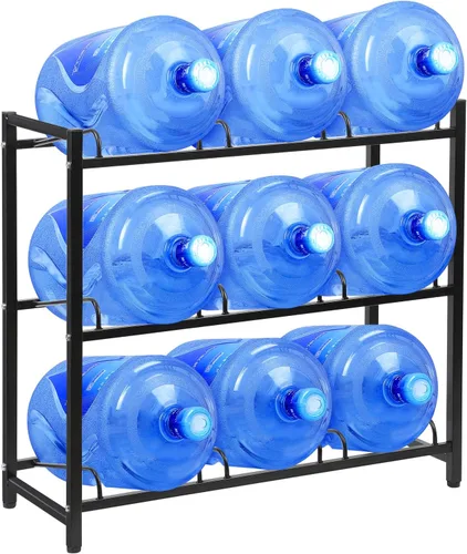 Soporte para jarra de agua de 5 galones para 9 jarras de agua sin tambalearse, estante de almacenamiento de jarra de agua desmontable de 3 niveles
